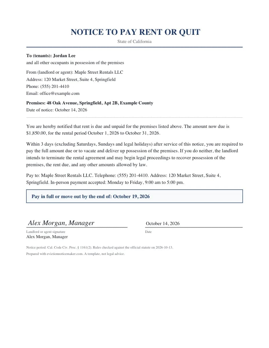 Eviction notice template example: a filled California 3-day notice to pay rent or quit with the deadline box and statute citation